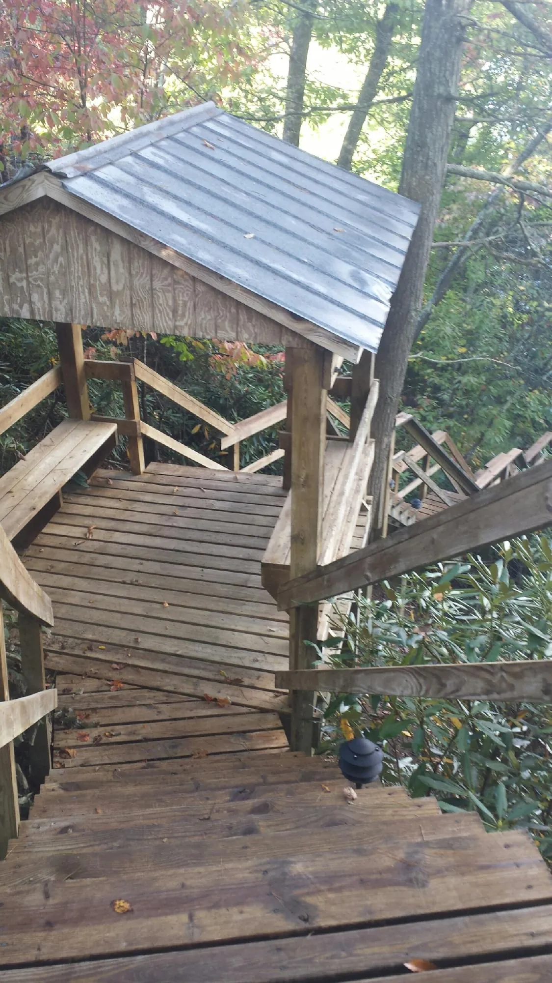 Metal roofed shelter over wooden steps on a wooded walkway — Skylight Repair & Installation work by our crew in Lindsay